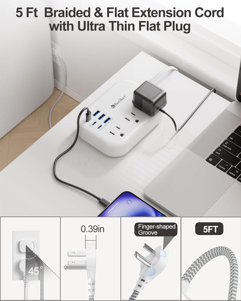 Beeiker 6 USB(3 USB C) Power Strip- Travel Power Strip with 6 USB Desktop Charging Station 24W/4.8A and 3 Outlets, 5Ft Flat Plug Braided Extension Cord, Non Surge Protector for Cruise Ship Travel Office Dorm - Image 5